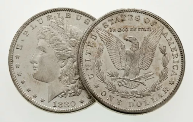 1880-S & 1880-O Plateado Morgan Dólar Lote De 2 Monedas En Au Estado