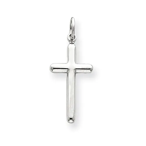14K Solid White Gold Polished Plain Rounded Cross Charm Pendant - 1.2" Inch