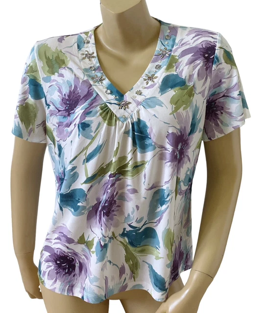 ALFRED DUNNER Womens Petite Size PM MP Short Sleeve V Neck Beaded Floral Shirt