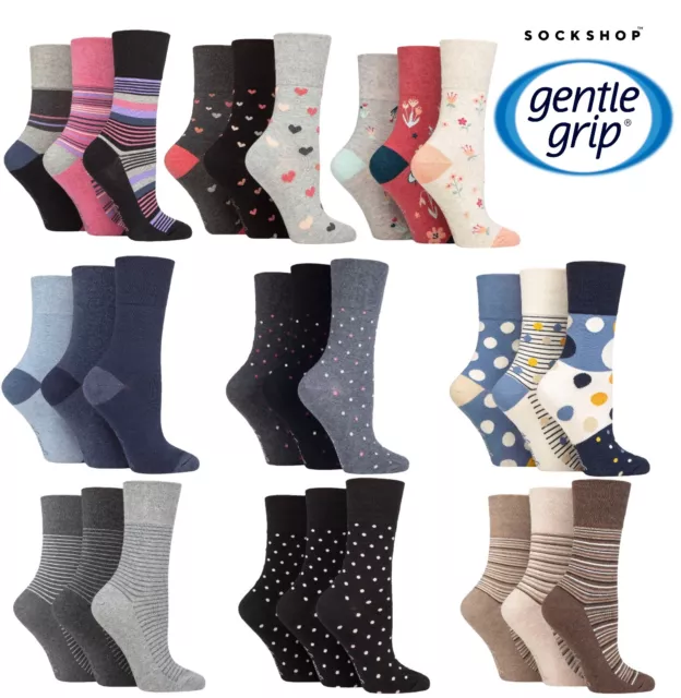 SOCKSHOP Gentle Grip - Ladies Patterned and Striped Cotton Socks ,Multipack of 3