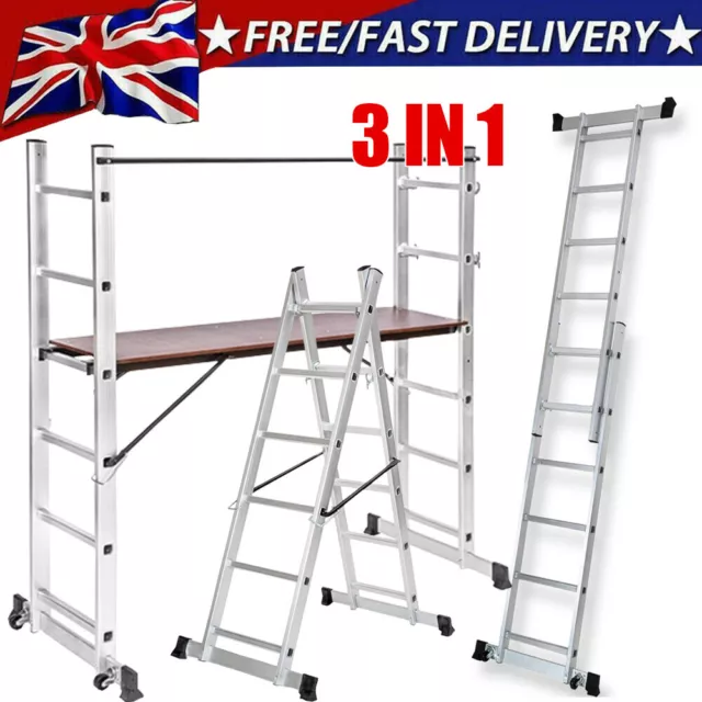 3 IN 1 Aluminium Combination Ladder Step Platform Multi Purpose Scaffold Tower