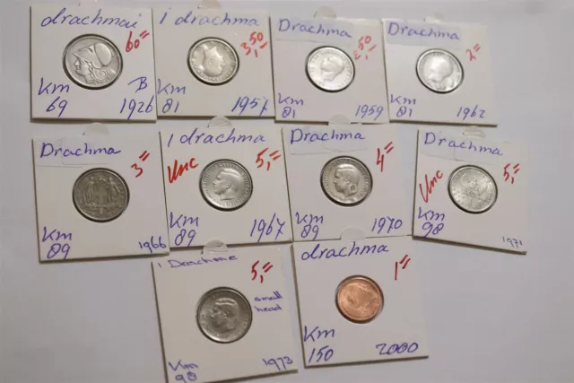 Greece 1 Drachma - 10 Coins Collection B38 Cm15-27