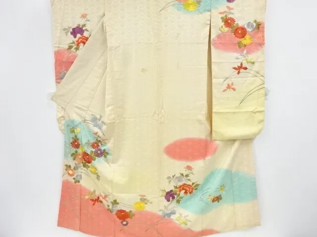 09097# Japanese Kimono / Antique Furisode / Embroidery / Kiku