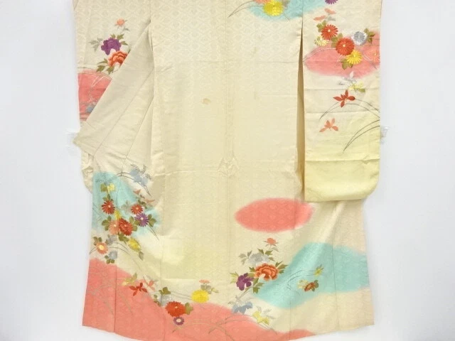 09097# Japanese Kimono / Antique Furisode / Embroidery / Kiku