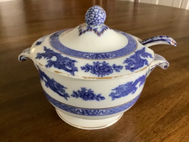 Vintage Cauldon Blue Dragon Lidded Sauce Tureen & Ladle