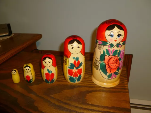 5 Semenov Russian Nesting Dolls -Matryoshka-Glazed Hand Painted  Wood ..NICE..