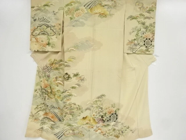 42820# Japanese Kimono / Antique Kimono / Embroidery / Rough Wave & Floral C