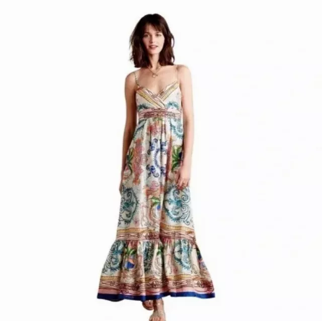 Collette Dinnigan Anthropologie Dress Multi-color Acionna 100% Silk Maxi Size L