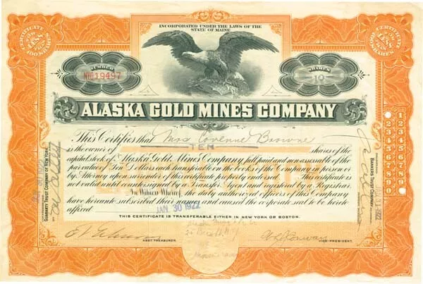 Alaska Gold Mines Company - Stock Certificate (Blue)