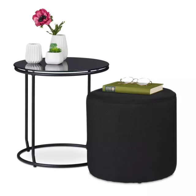 Set tavolino sgabello tavolo basso rotondo divano nero metallo vetro pouf