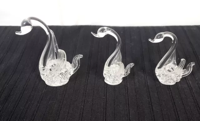 3 glass Spun Hand Blown Glass Swan figurines Clear 2in - 2.75in vintage