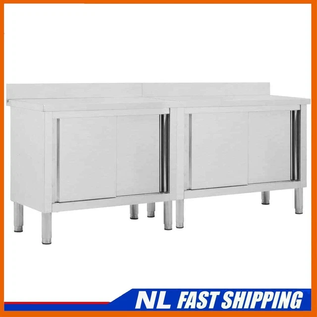 2x Work Tables with Sliding Doors Stainless Steel Kitchen Store CabinetJ_Vtin
