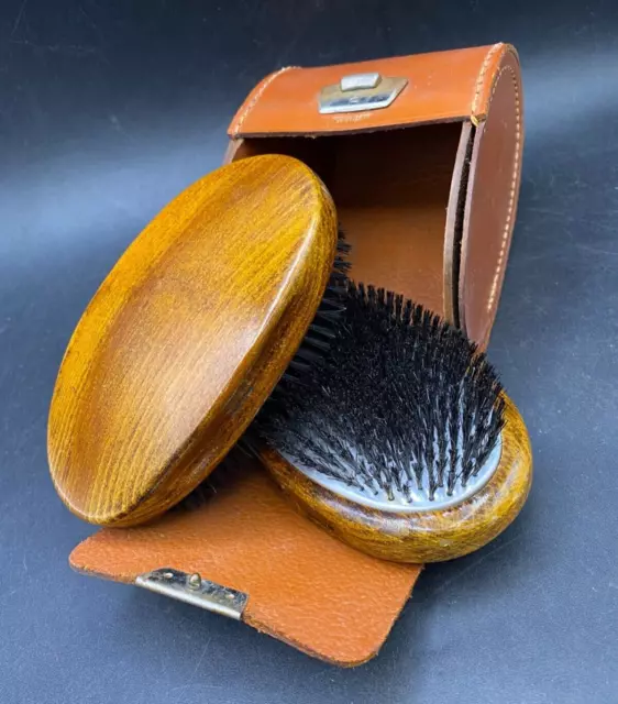 Two Brush Set Wooden Handled Hide Case Clothes Human Pet Hair Retro Brushes Kit