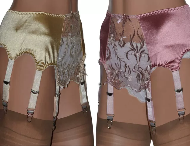 8 Strap Suspender Belt in in Gold or Pink Satin with Embroidered Lace Front
