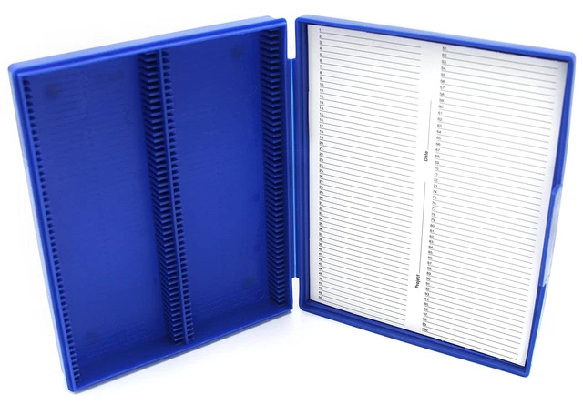 Polypropylene Microscope Slide Box with Latch Lock, Holds up to 100 Slides, Blue