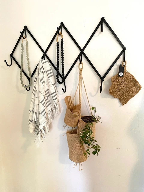 Folding Hand Forged IRON Metal Expending Accordion Rack w/ 10 Hooks Wall