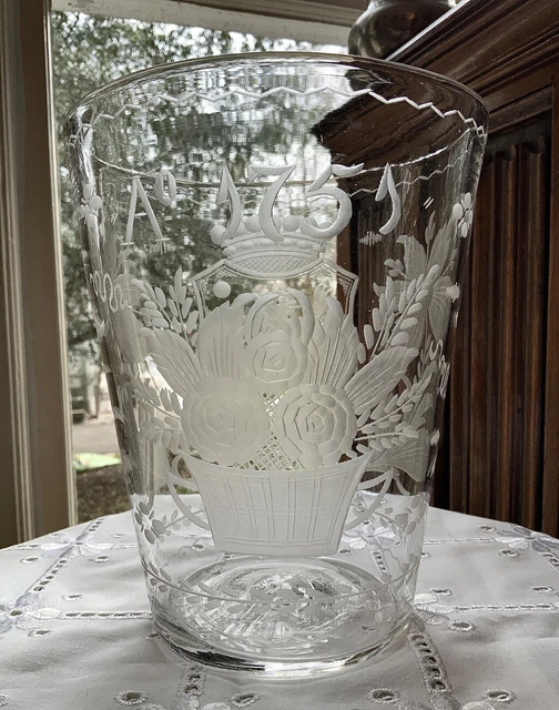 18th Century English Dutch Engraved Large Flip Glass Bucket / Dated 1751