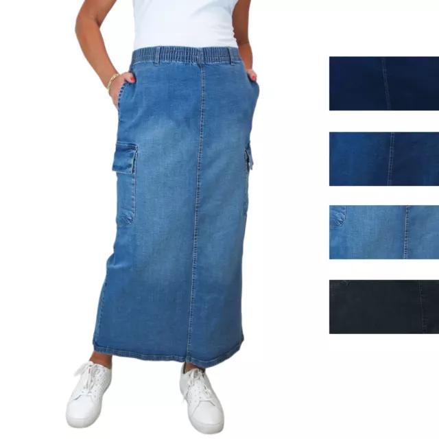 Ladies Cargo Maxi Skirt Stretch Denim with Elasticated Waist Long Skirt 10-22