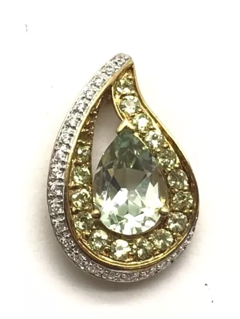 Sterling Silver Gold Tone Pear Green Amethyst - CZ Pave Curved Tear Drop Pendant
