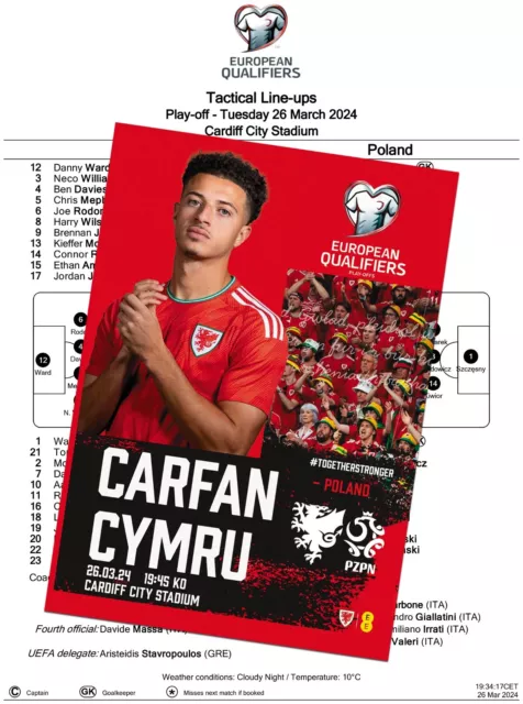 WALES v POLAND 26 March 2024 Play off FINAL EURO-2024 FAN 16 pages + OFFICIAL LU