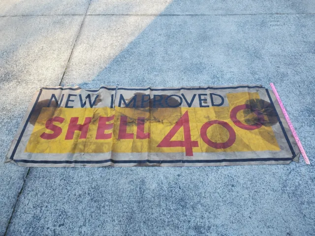 Vintage New Impoved Shell 400 Shell Oil Cloth Banner Advertising  Gas Rare