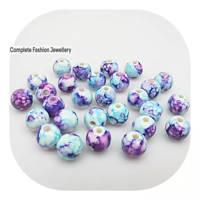 50Pcs 10Mm Purple Flower Painted Acrylic Round Beads For Jewellery Making