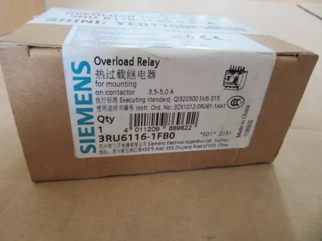 Siemens 3RU6116-1FB0 Overload Relay 3.5A to 5A NEW!!! in Factory Box Free Ship