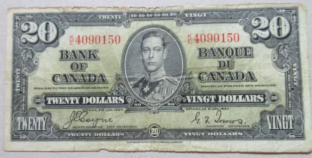 1937 Bank of Canada Twenty Dollars Bill $20 Note (RJ)