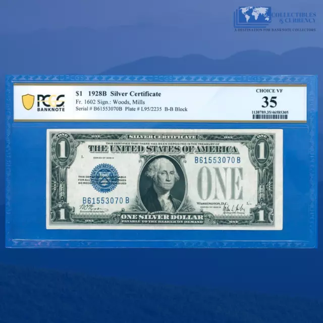 Fr.1602 1928B $1 Silver Certificate Blue Seal, "FUNNYBACK", PCGS 35 #53070