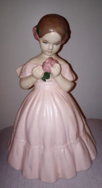 VTG Holland Mold Pink Porcelain Brown Hair Girl W/ Pink Flower Figurine 9.75"