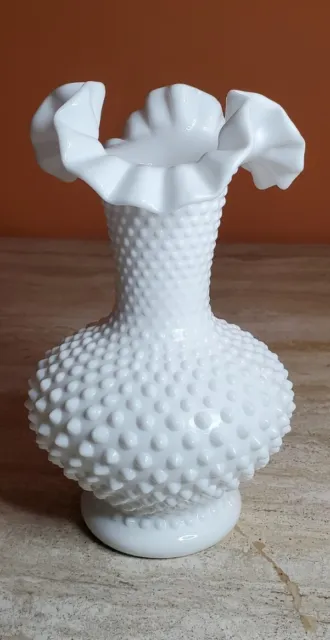Fenton White Milk Glass Hobnail Vase Ruffled Crimped Edge Vintage