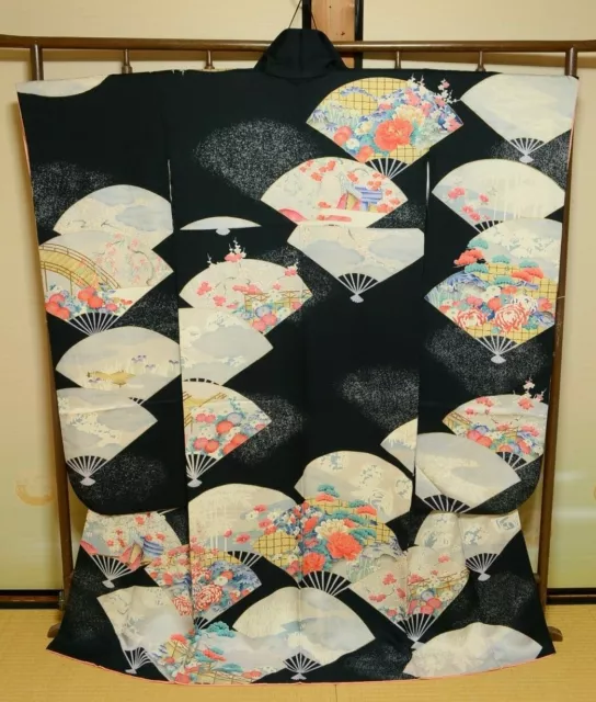 Furisode Silk Kimono Women Japanese vintage Black Robe 156cm /748