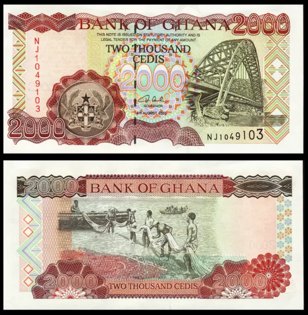Ghana 2000 2,000 Cedis 2003 P 33 Unc Banknote Bill Fishermen