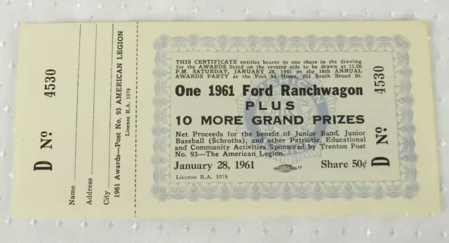 Pair Trenton NJ Post 93 American Legion 1961 Ford Ranch Wagon Raffle Ticket (HH) 2