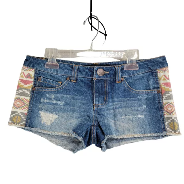 O'NEILL RETRO DISTRESSED CUT-OFF BOOTY DENIM JEAN SHORTS W/AZTEC GRAPHIC size 1