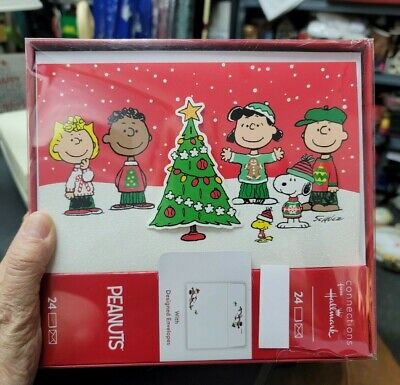 New Hallmark Peanuts Christmas Card Box of 24 w/Coordinating Envelopes Glitter