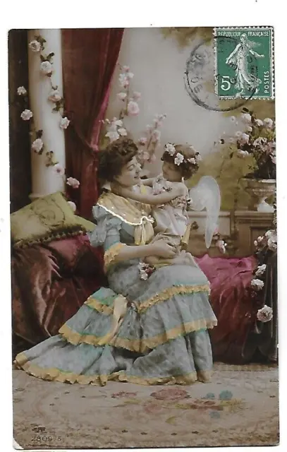 CPA carte postale ancienne maman et son ange enfant fleurs