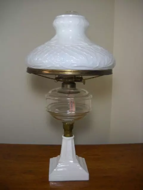Antique Oil Lamp w/ Milk Glass Base & White Embossed Shade 21" Tall