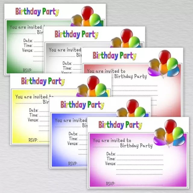 Kids Birthday Party Invitations Pack Boys Girl Invites Envelopes Balloons Blank