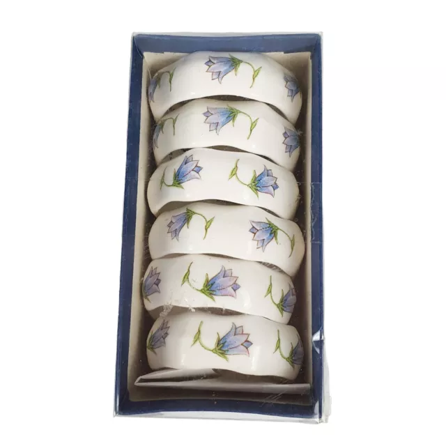 vintage AJL Bone China Napkin Serviette Rings Set 6 Bluebell Flowers Octagonal