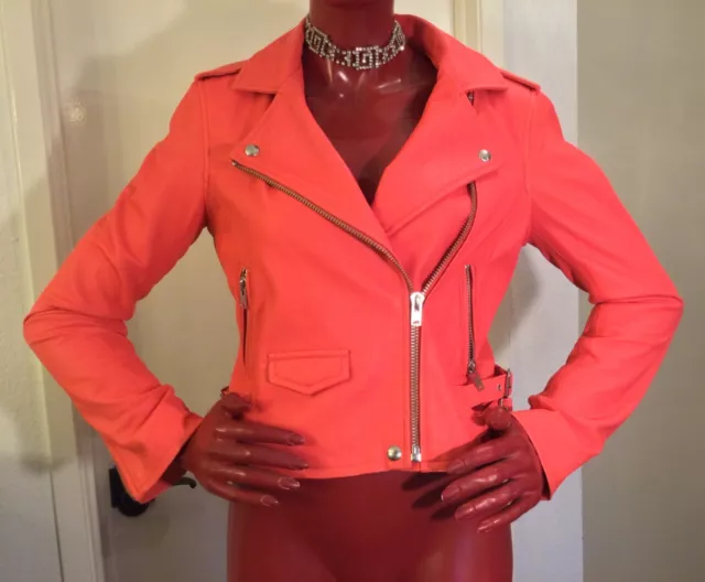 IRO “ASHVILLE” Orange 100% Lamb Leather Moto Jacket Women’s Sz 40