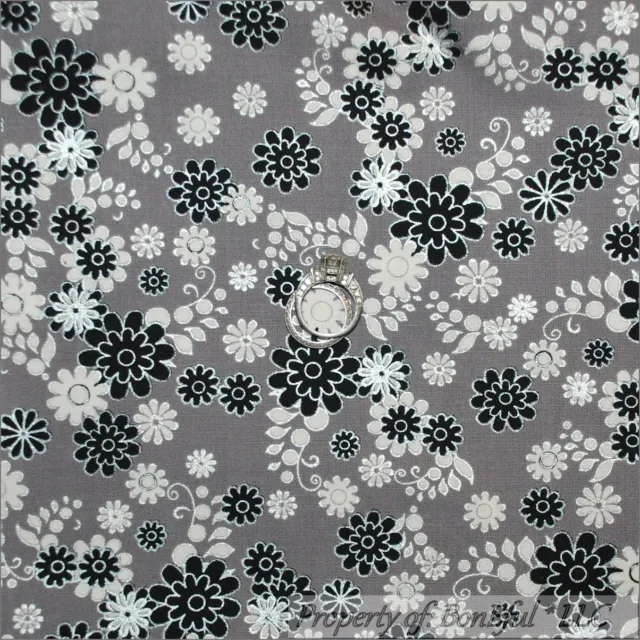 BonEful Fabric FQ Cotton Quilt Gray Black White B&W Flower Metallic Silver Swirl