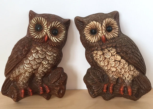 Vintage 70s Retro Foam Plastic Resin Pair of Brown OWLS Wall Hanging Art Decor