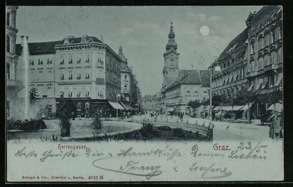 Mondschein-AK Graz, Strasse Herrengasse mit Brunnen 1899