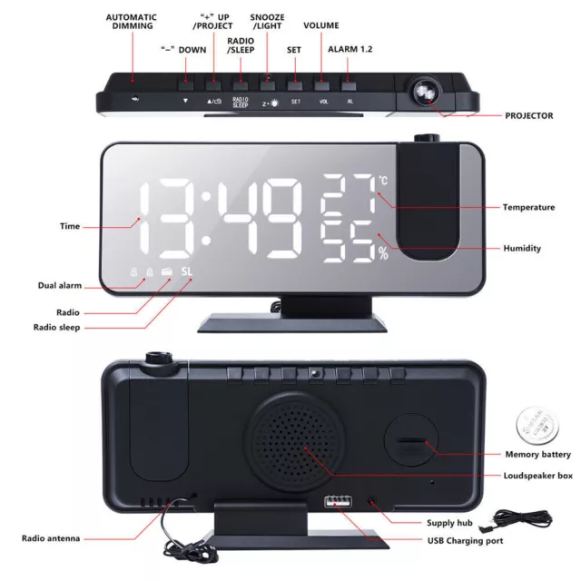 DC 5V Digital Dual Alarm Clock with Projection FM Radio 7.5" Screen LED Display 3