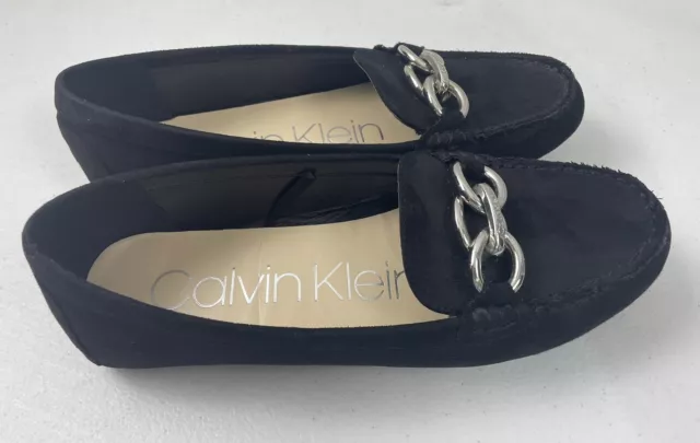 Calvin Klein Luca 2 Black Suede Loafers Shoes w/ Silver Accents Women’s Size 7.5