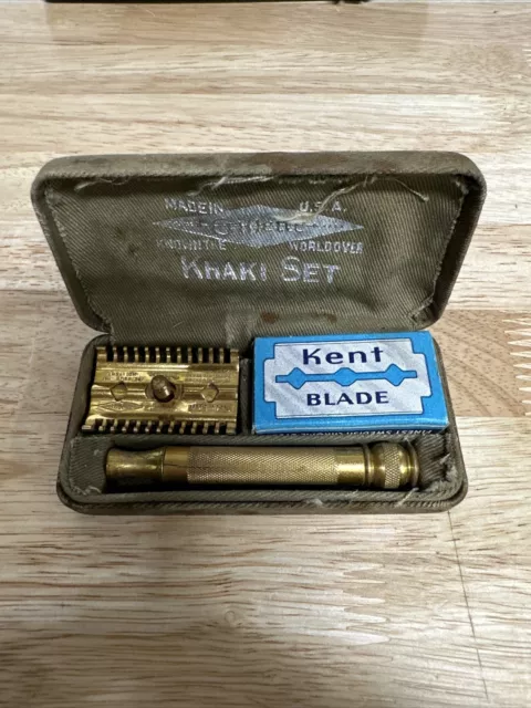 Gillette Khaki Early 1900s WWII Army Safety Razor Set Brass