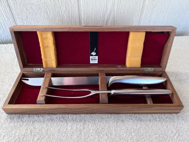 Vintage GERBER LEGENDARY BLADES Carving Knife + Meat Fork Walnut Case 3