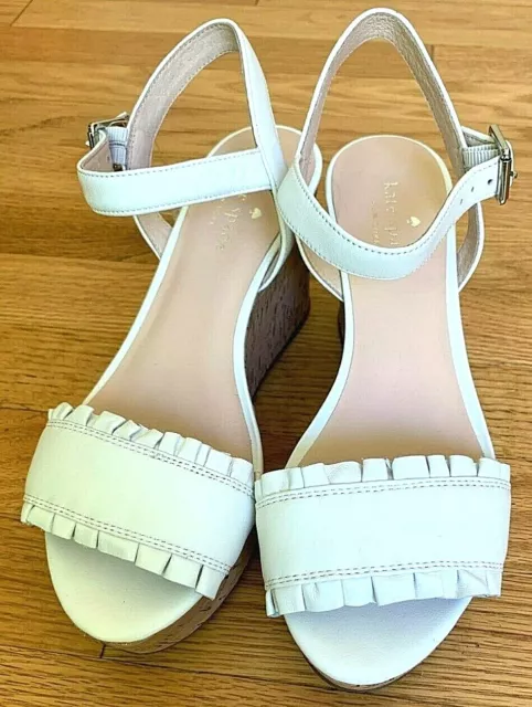 NEW KATE SPADE 10 Wedge Ruffle Sandals Cork Leather White Womans Shoe Heels