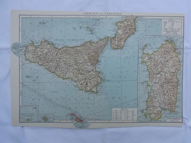 Alte Landkarte "Sizilien und Sardinien" Original Lithographie 1906